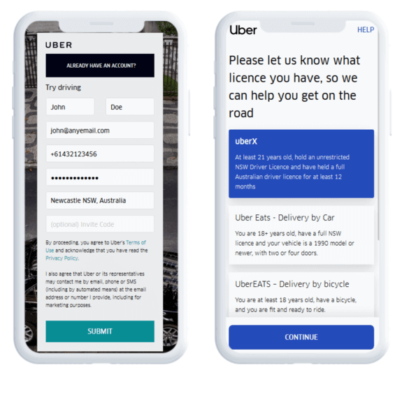 uber account credentials choose service