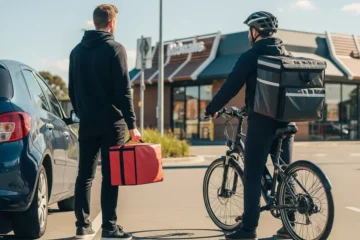 two gig drivers standing in bike and car